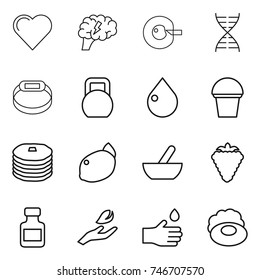 thin line icon set : heart, brain, cell corection, dna, smart bracelet, heavy, drop, bucket, pancakes, lemon, mortar, berry, pills bottle, hand leaf, soap