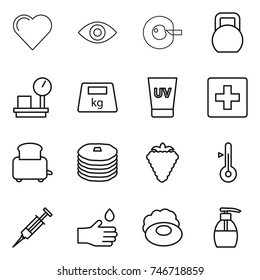 thin line icon set : heart, eye, cell corection, heavy, warehouse scales, uv cream, first aid, toaster, pancakes, berry, thermometer, syringe, hand drop, soap, liquid