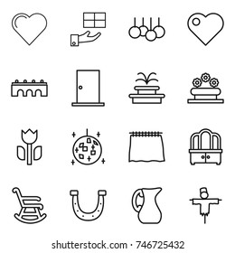 thin line icon set : heart, gift, sale, bridge, door, fountain, flower bed, perishable, disco ball, curtain, dresser, rocking chair, horseshoe, jug, scarecrow