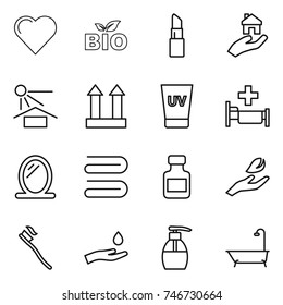 thin line icon set : heart, bio, lipstick, real estate, sun potection, cargo top sign, uv cream, hospital, mirror, towel, pills bottle, hand leaf, tooth brush, and drop, liquid soap, bath