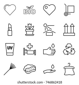 thin line icon set : heart, bio, cargo stoller, lipstick, flower, sun potection, top sign, uv cream, hospital, hand drop, recycling, rake, sponge with foam, and, hanger
