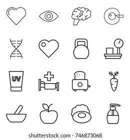 thin line icon set : heart, eye, brain, cell corection, dna, heavy, warehouse scales, uv cream, hospital, toaster, carrot, mortar, apple, soap, liquid