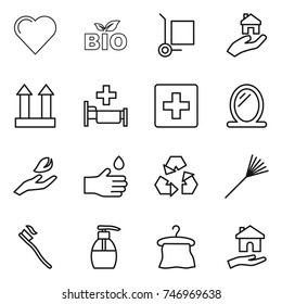 thin line icon set : heart, bio, cargo stoller, real estate, top sign, hospital, first aid, mirror, hand leaf, drop, recycling, rake, tooth brush, liquid soap, hanger, housing