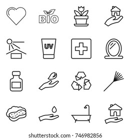 thin line icon set : heart, bio, flower, real estate, sun potection, uv cream, first aid, mirror, pills bottle, hand leaf, recycling, rake, sponge with foam, and drop, bath, housing