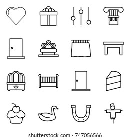 thin line icon set : heart, gift, equalizer, column, door, flower bed, curtain, table, dresser, crib, cake, cupcake, goose, horseshoe, scarecrow