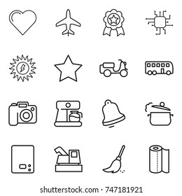 thin line icon set : heart, plane, medal, chip, sun power, star, scooter shipping, bus, camera, coffee maker, bell, steam pan, kitchen scales, harvester, broom, paper towel
