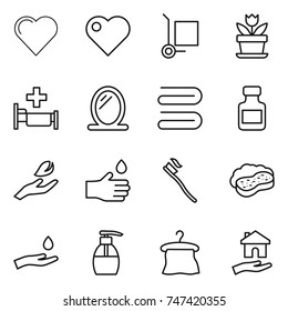 thin line icon set : heart, cargo stoller, flower, hospital, mirror, towel, pills bottle, hand leaf, drop, tooth brush, sponge with foam, and, liquid soap, hanger, housing