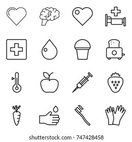 thin line icon set : heart, brain, hospital, first aid, drop, bucket, toaster, thermometer, apple, syringe, strawberry, carrot, hand, tooth brush, gloves