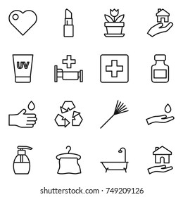 thin line icon set : heart, lipstick, flower, real estate, uv cream, hospital, first aid, pills bottle, hand drop, recycling, rake, and, liquid soap, hanger, bath, housing