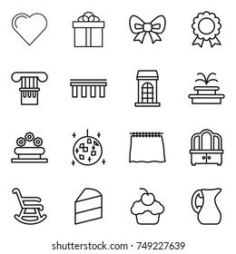 thin line icon set : heart, gift, bow, medal, column, bridge, building, fountain, flower bed, disco ball, curtain, dresser, rocking chair, cake, cupcake, jug