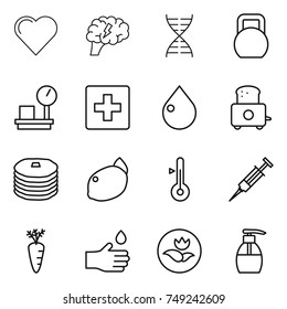 thin line icon set : heart, brain, dna, heavy, warehouse scales, first aid, drop, toaster, pancakes, lemon, thermometer, syringe, carrot, hand, ecology, liquid soap