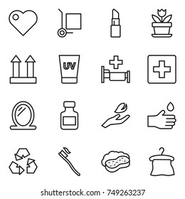 thin line icon set : heart, cargo stoller, lipstick, flower, top sign, uv cream, hospital, first aid, mirror, pills bottle, hand leaf, drop, recycling, tooth brush, sponge with foam, hanger