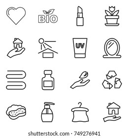 thin line icon set : heart, bio, lipstick, flower, real estate, sun potection, uv cream, mirror, towel, pills bottle, hand leaf, recycling, sponge with foam, liquid soap, hanger, housing