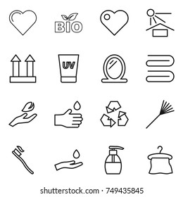 thin line icon set : heart, bio, sun potection, cargo top sign, uv cream, mirror, towel, hand leaf, drop, recycling, rake, tooth brush, and, liquid soap, hanger