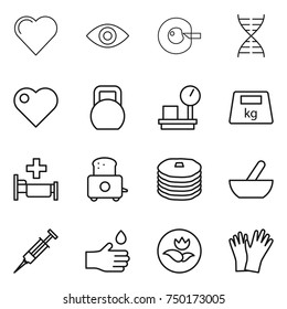 thin line icon set : heart, eye, cell corection, dna, heavy, warehouse scales, hospital, toaster, pancakes, mortar, syringe, hand drop, ecology, gloves