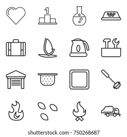thin line icon set : heart, pedestal, round flask, taxi, suitcase, windsurfing, kettle, repair tools, garage, colander, cutting board, whisk, fire, seeds, trash truck