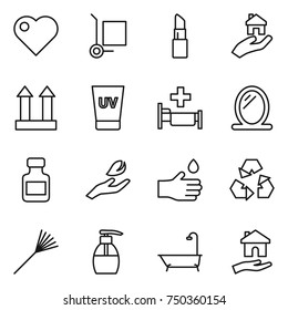 thin line icon set : heart, cargo stoller, lipstick, real estate, top sign, uv cream, hospital, mirror, pills bottle, hand leaf, drop, recycling, rake, liquid soap, bath, housing