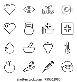 thin line icon set : heart, eye, bio, cell corection, heavy, hospital, first aid, drop, mortar, berry, thermometer, apple, hand leaf, syringe, soap