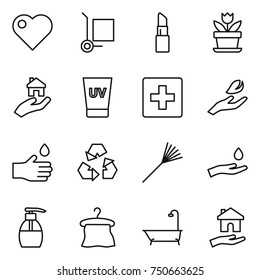 thin line icon set : heart, cargo stoller, lipstick, flower, real estate, uv cream, first aid, hand leaf, drop, recycling, rake, and, liquid soap, hanger, bath, housing