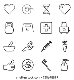 thin line icon set : heart, cell corection, dna, heavy, first aid, toaster, mortar, hand leaf, syringe, carrot, drop, ecology, tooth brush, liquid soap