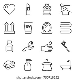 thin line icon set : heart, lipstick, flower, sun potection, cargo top sign, uv cream, mirror, towel, pills bottle, hand leaf, drop, tooth brush, sponge with foam, liquid soap, hanger, bath