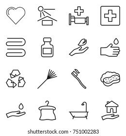thin line icon set : heart, sun potection, hospital, first aid, towel, pills bottle, hand leaf, drop, recycling, rake, tooth brush, sponge with foam, and, hanger, bath, housing
