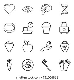 thin line icon set : heart, eye, brain, dna, smart bracelet, warehouse scales, bucket, toaster, berry, apple, hand leaf, strawberry, carrot, ecology, tooth brush, gloves