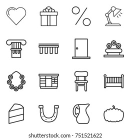 thin line icon set : heart, gift, percent, table lamp, column, bridge, door, flower bed, hawaiian wreath, wardrobe, chair, crib, cake, horseshoe, jug, pumpkin