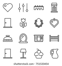 thin line icon set : heart, equalizer, bridge, building, door, perishable, hawaiian wreath, pendant, service bell, mirror, wardrobe, crib, floor lamp, cupcake, jug