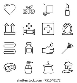 thin line icon set : heart, bio, cargo stoller, lipstick, top sign, hospital, first aid, mirror, towel, pills bottle, hand drop, rake, sponge with foam, liquid soap, hanger, housing