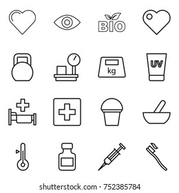thin line icon set : heart, eye, bio, heavy, warehouse scales, uv cream, hospital, first aid, bucket, mortar, thermometer, pills bottle, syringe, tooth brush