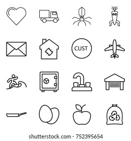 thin line icon set : heart, truck, virus, dna modify, mail, smart house, customs, airplane, surfer, safe, water tap, garage, pan, eggs, apple, garbage bag