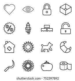 thin line icon set : heart, eye, lock, box, percent, spark plug, block wall, unlock, smart house, sun, dog, croissant, sickle, flower, tomato, toilet paper