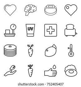 thin line icon set : heart, brain, smart bracelet, warehouse scales, uv cream, first aid, toaster, pancakes, carrot, lemon, thermometer, hand leaf, drop, soap