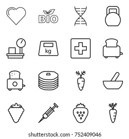 thin line icon set : heart, bio, dna, heavy, warehouse scales, first aid, toaster, pancakes, carrot, mortar, berry, syringe, strawberry