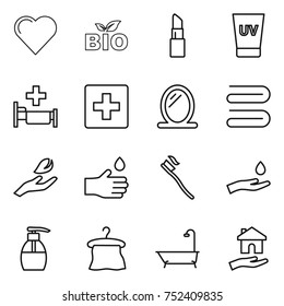 thin line icon set : heart, bio, lipstick, uv cream, hospital, first aid, mirror, towel, hand leaf, drop, tooth brush, and, liquid soap, hanger, bath, housing