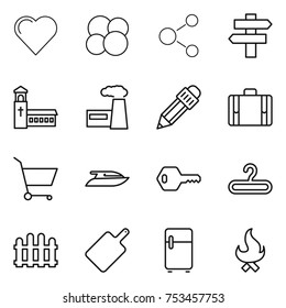 thin line icon set : heart, atom core, molecule, singlepost, church, factory, pencil, suitcase, cart, yacht, key, hanger, fence, cutting board, fridge, fire