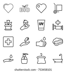 thin line icon set : heart, bio, cargo stoller, flower, real estate, uv cream, hospital, first aid, hand leaf, drop, sponge with foam, and, liquid soap, hanger, bath