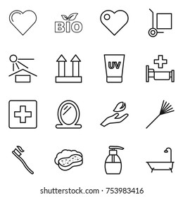 thin line icon set : heart, bio, cargo stoller, sun potection, top sign, uv cream, hospital, first aid, mirror, hand leaf, rake, tooth brush, sponge with foam, liquid soap, bath