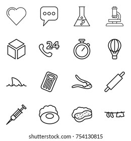 thin line icon set : heart, message, flask, microscope, 3d, phone 24, stopwatch, air ballon, shark flipper, inflatable mattress, walnut crack, rolling pin, syringe, soap, sponge with foam
