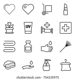 thin line icon set : heart, cargo stoller, lipstick, flower, uv cream, hospital, first aid, towel, pills bottle, hand drop, rake, sponge with foam, and, liquid soap, hanger