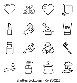 thin line icon set : heart, bio, cargo stoller, lipstick, real estate, sun potection, uv cream, pills bottle, hand leaf, recycling, tooth brush, and drop, liquid soap, hanger, housing