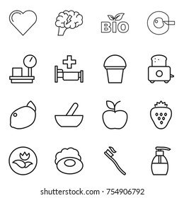 thin line icon set : heart, brain, bio, cell correction, warehouse scales, hospital, bucket, toaster, lemon, mortar, apple, strawberry, ecology, soap, tooth brush, liquid