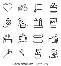thin line icon set : heart, bio, cargo stoller, flower, real estate, sun potection, top sign, uv cream, hospital, mirror, towel, hand drop, rake, tooth brush, liquid soap, housing
