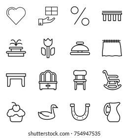 thin line icon set : heart, gift, percent, bridge, fountain, perishable, service bell, curtain, table, dresser, chair, rocking, cupcake, goose, horseshoe, jug