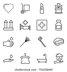 thin line icon set : heart, cargo stoller, lipstick, flower, top sign, hospital, first aid, pills bottle, hand drop, rake, tooth brush, sponge with foam, and, hanger, bath, housing