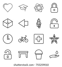 thin line icon set : heart, graduate hat, atom, lock, box, left arrow, spark plug, unlock, clock, bike, first aid, starfish, unlocked, table, bucket, hand and drop