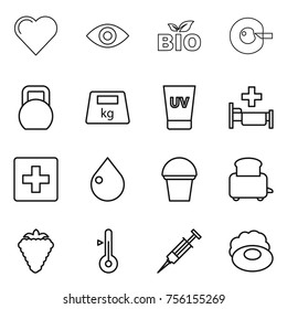Thin line icon set : heart, eye, bio, cell corection, heavy, uv cream, hospital, first aid, drop, bucket, toaster, berry, thermometer, syringe, soap