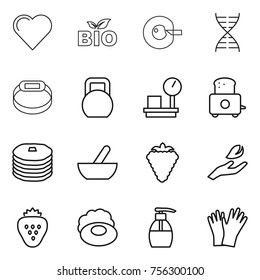 Thin line icon set : heart, bio, cell corection, dna, smart bracelet, heavy, warehouse scales, toaster, pancakes, mortar, berry, hand leaf, strawberry, soap, liquid, gloves
