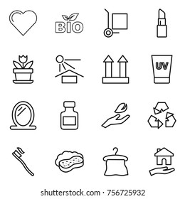 Thin line icon set : heart, bio, cargo stoller, lipstick, flower, sun potection, top sign, uv cream, mirror, pills bottle, hand leaf, recycling, tooth brush, sponge with foam, hanger, housing